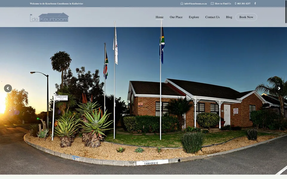 The 2019 De Keurboom home page with a large house photo