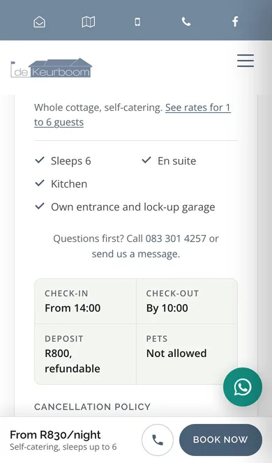 A cottage booking card with check-in, deposit and pets