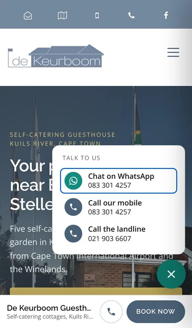 The contact button opened: WhatsApp, mobile and landline
