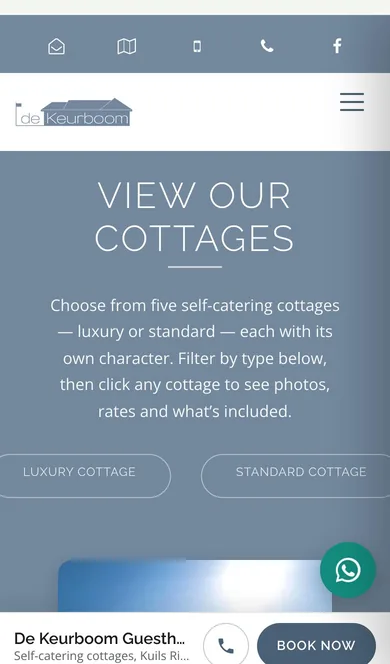 The cottages page with luxury and standard filters