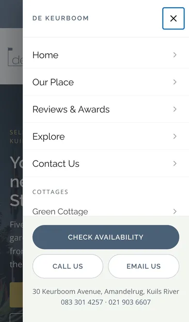 The full-height menu drawer with phone numbers