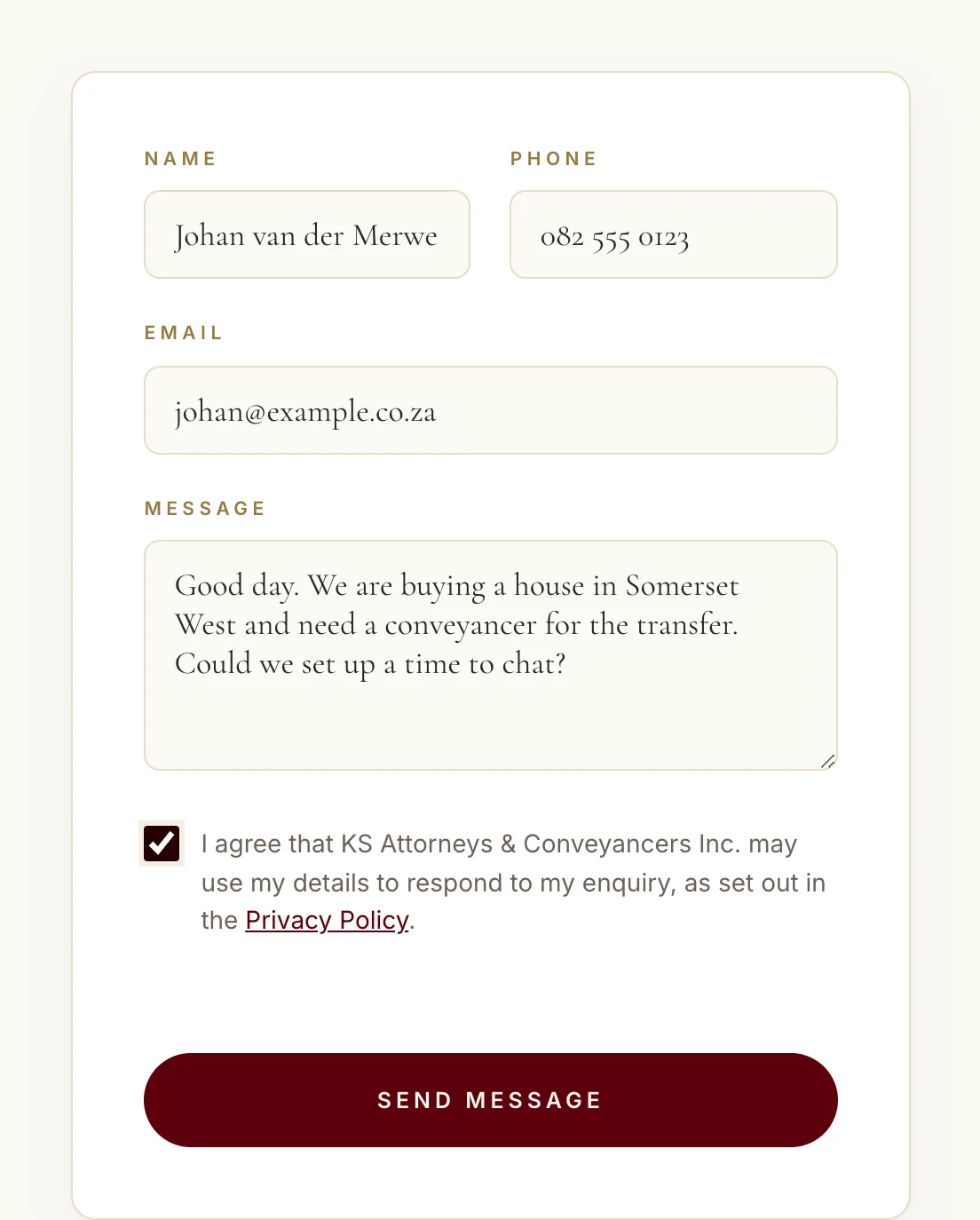 The contact form filled in with a sample enquiry about a house transfer in Somerset West: name, phone, email, message, the Privacy Policy tick and a burgundy Send message button