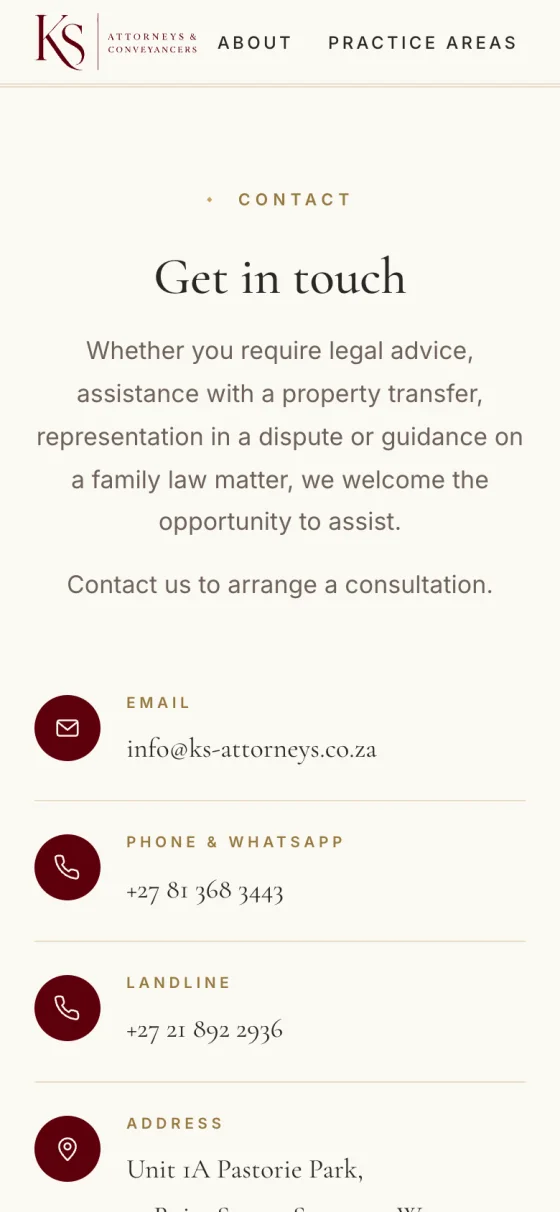 Phone view of Get in touch, with round burgundy buttons for email, phone and WhatsApp, landline and address