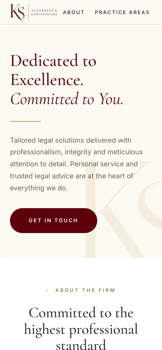 Phone view of the home section: Dedicated to Excellence. Committed to You. with a Get in touch button