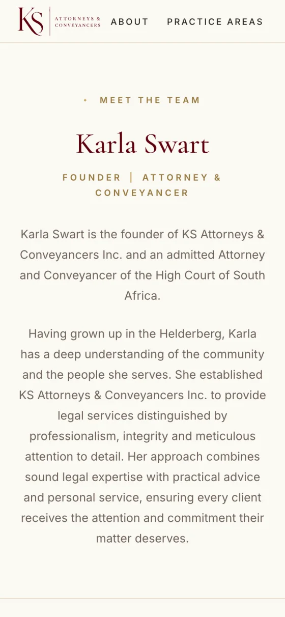 Phone view of Meet the team: Karla Swart, founder, attorney and conveyancer, with her introduction