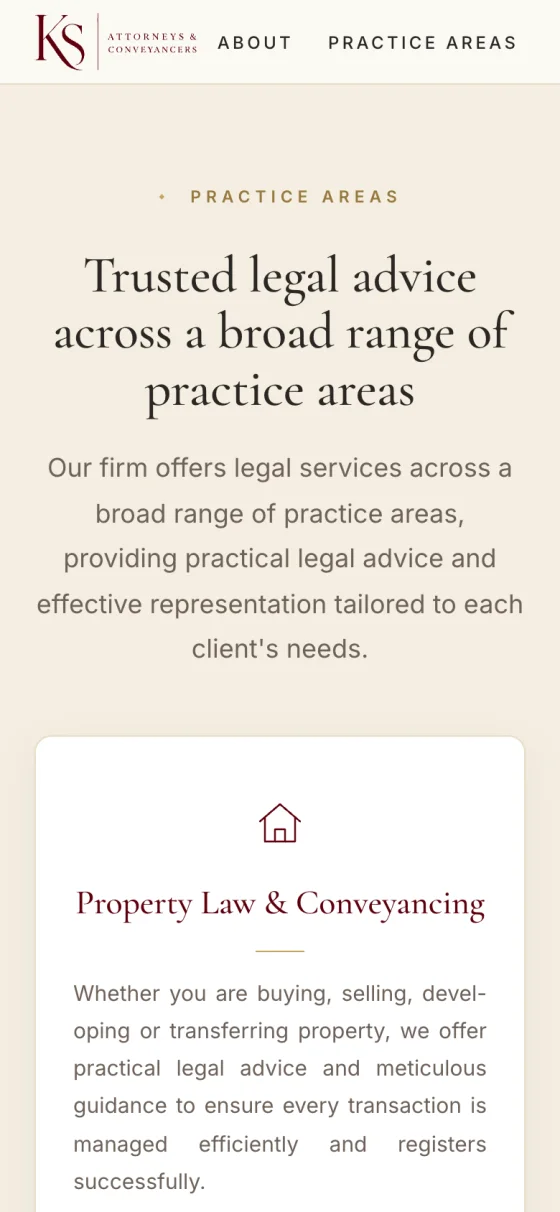 Phone view of the practice areas, starting with the Property Law and Conveyancing card