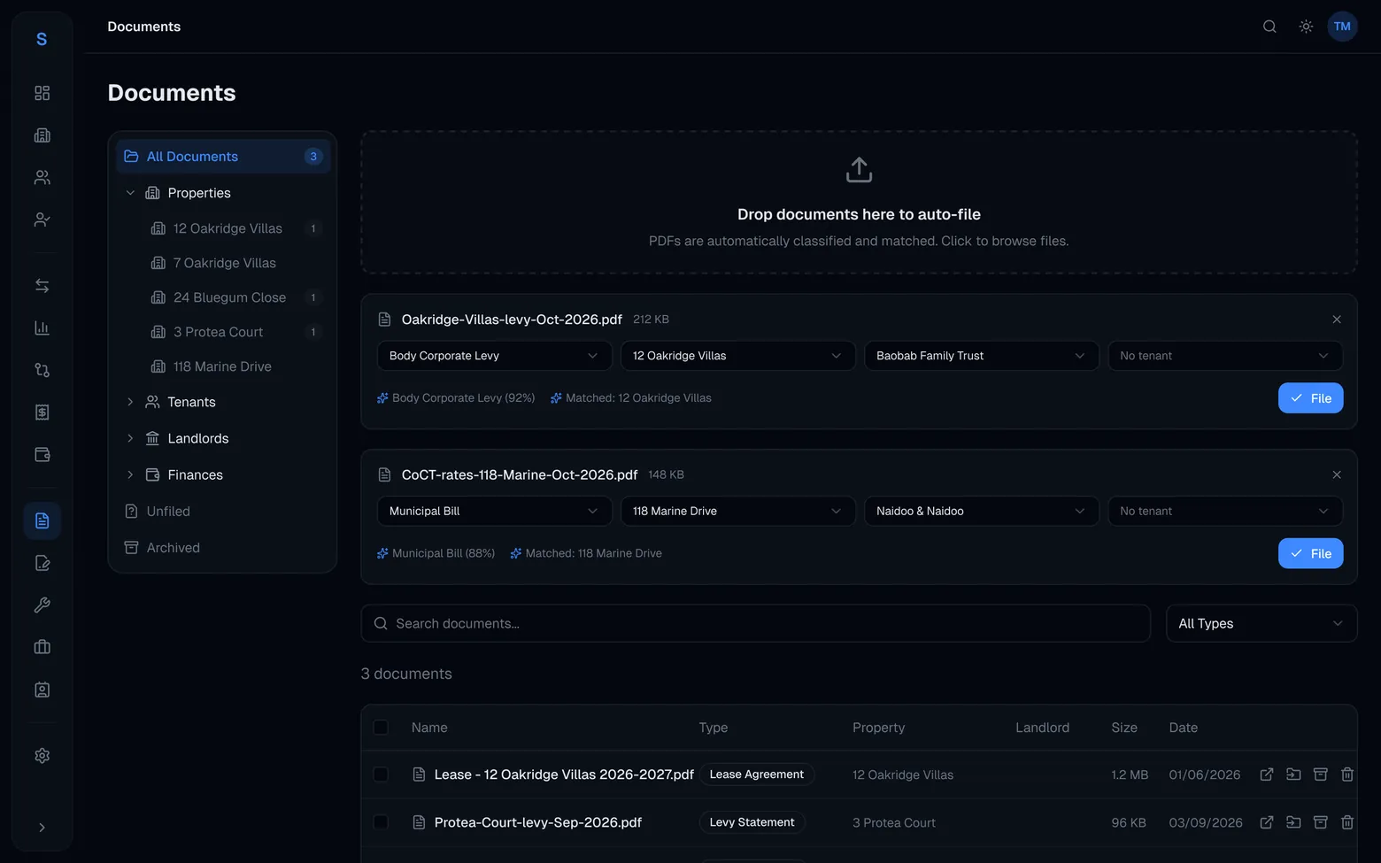 Letto documents inbox: a drop zone, two auto-filed statements and the document list