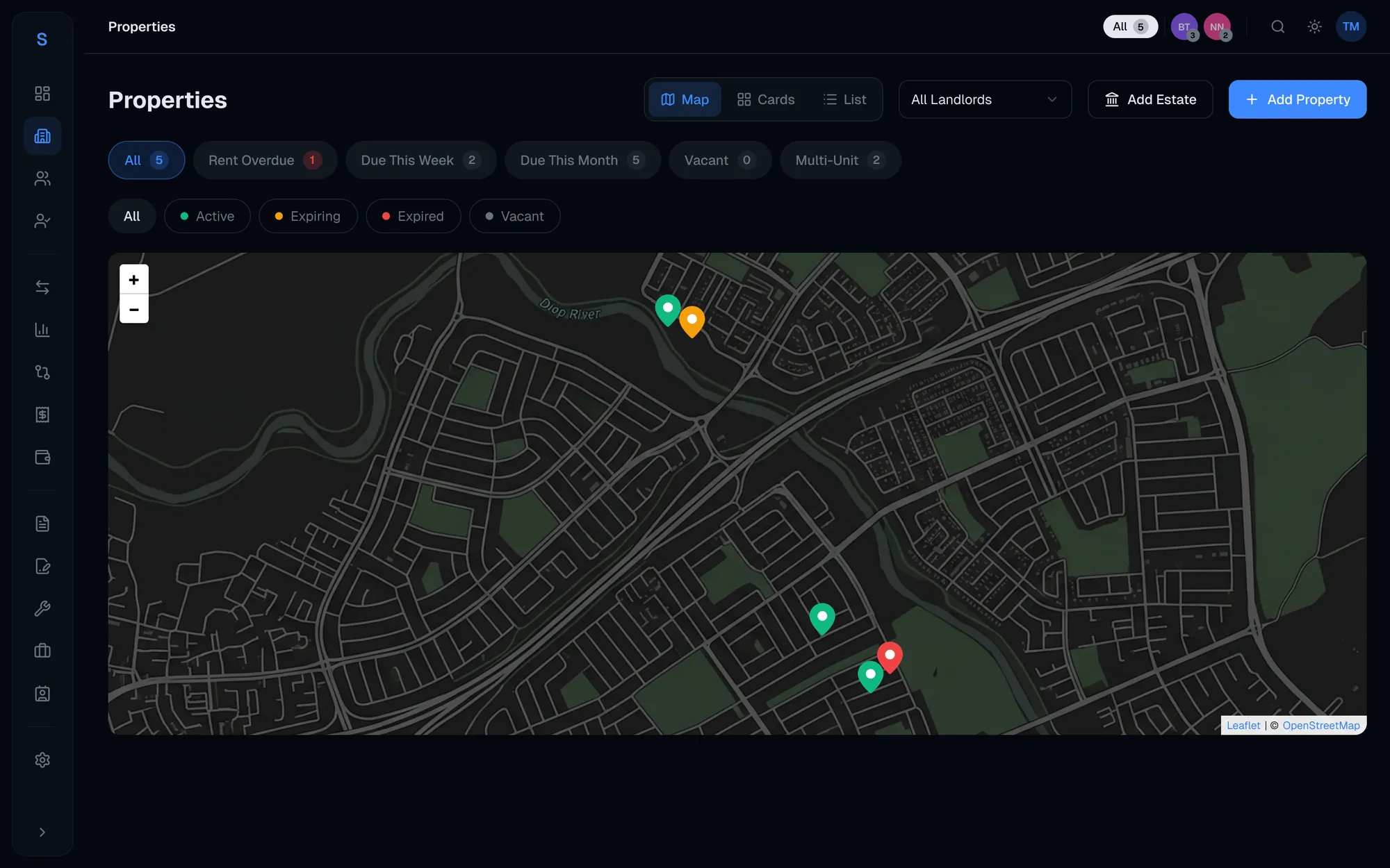 Letto properties page: filters by lease status and a map with colour-coded property pins