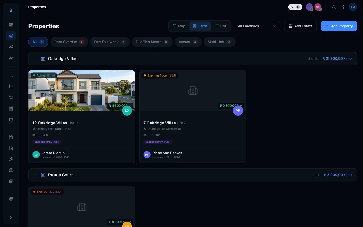 Letto properties grid with lease health on each card