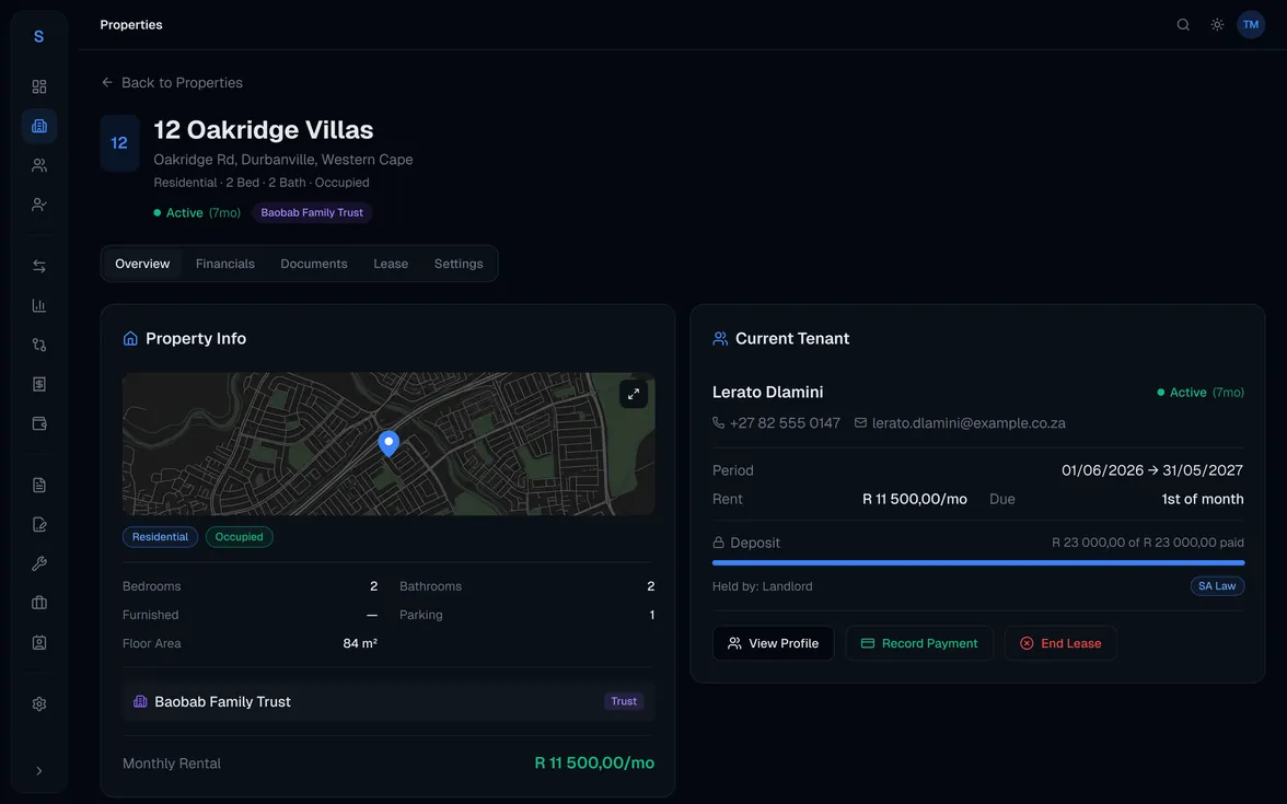 Letto property detail page with lease, transactions and documents