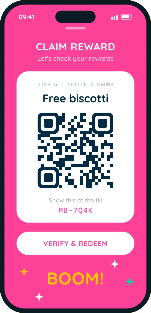 The Claim Reward screen for a free biscotti, with a QR code to show at the till and a Boom! celebration