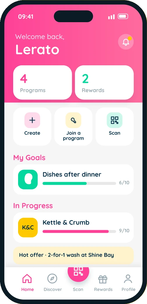 Magic Beans home screen: welcome back Lerato, 4 programs and 2 rewards, a Dishes after dinner goal and Kettle & Crumb at 9 of 10