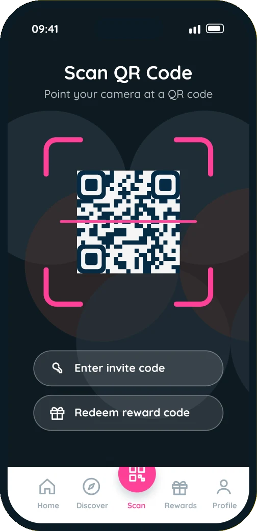 The Scan QR Code screen with a camera frame, plus buttons to enter an invite code or redeem a reward code