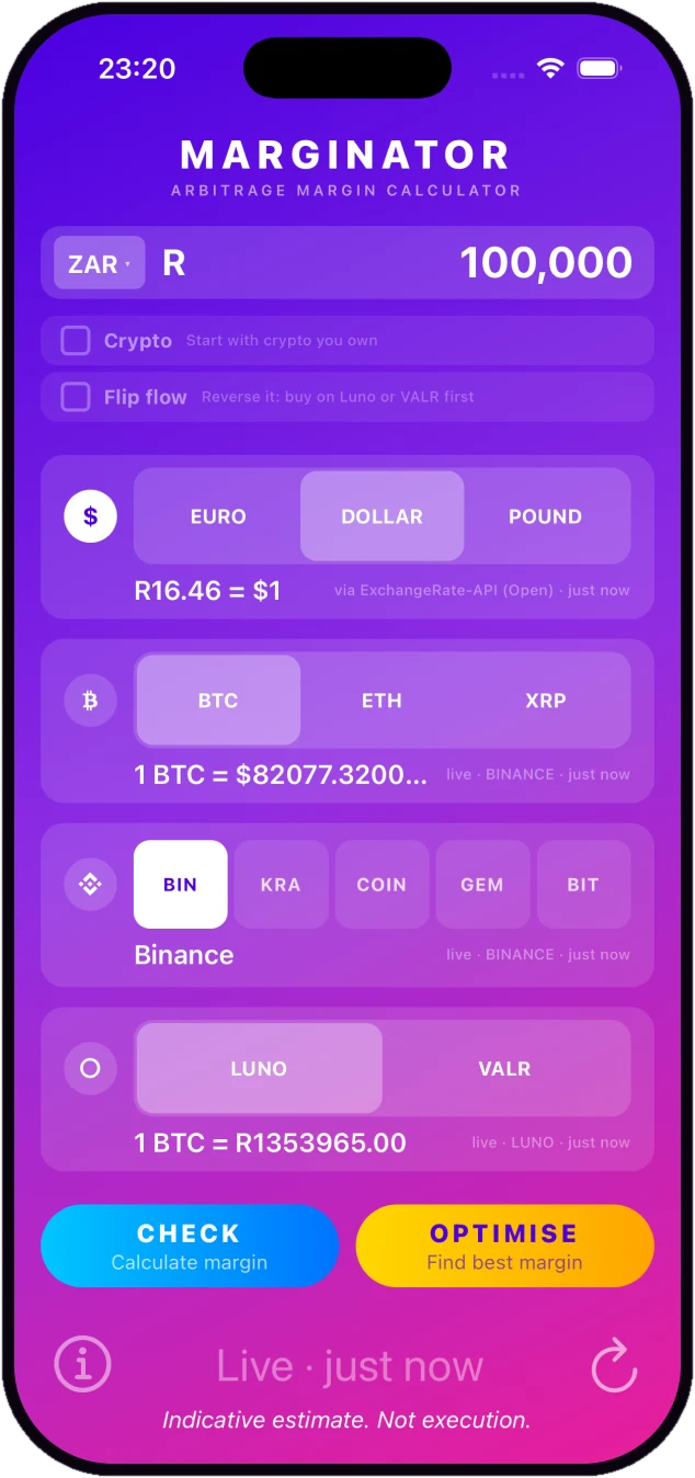 Marginator on iPhone: R100,000 in rand, dollar, Bitcoin, Binance and Luno selected, with Check and Optimise buttons