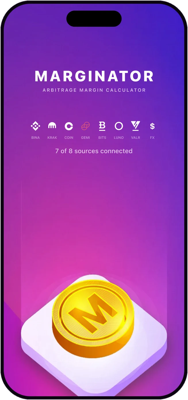The Marginator splash screen: exchange icons lighting up, 7 of 8 sources connected, above a gold M coin