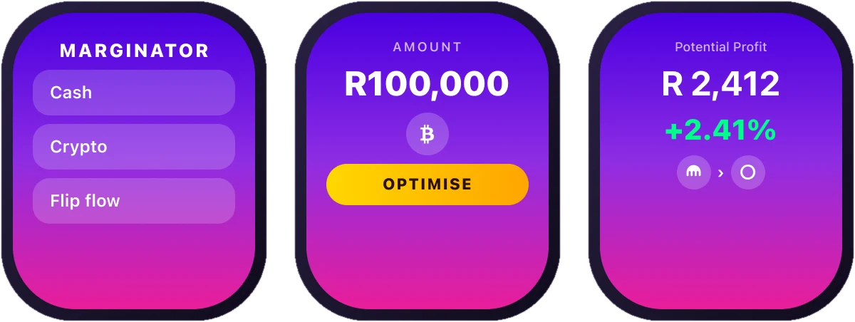 Three Apple Watch screens: the Cash, Crypto and Flip flow menu, an amount of R100,000 with an Optimise button, and a potential profit of R 2,412, up 2.41%