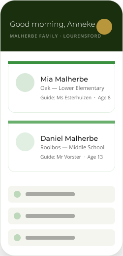 Parent app on a phone: a family with two children