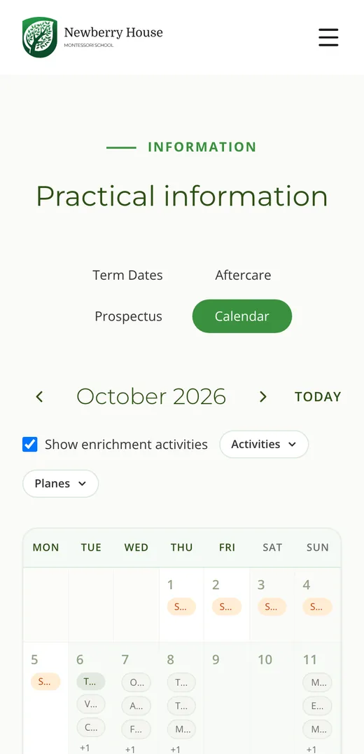 School calendar page on a phone, October 2026 with enrichment activities filtered by campus