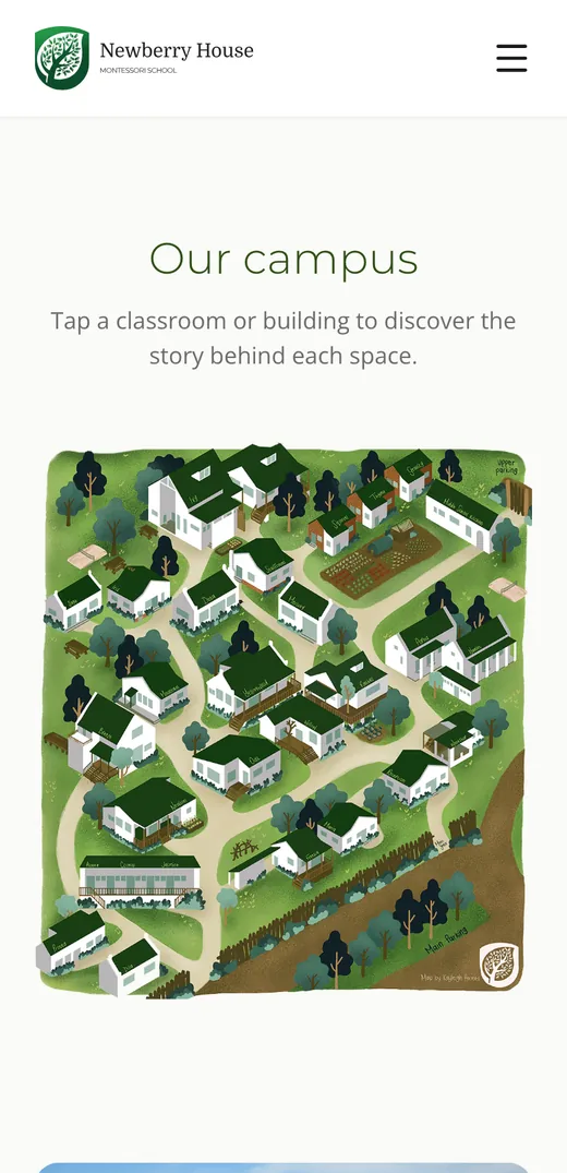 Illustrated campus map on a phone with tappable buildings
