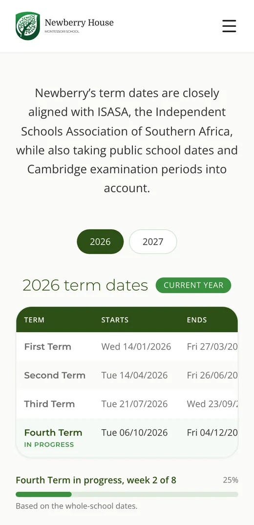 Term dates page on a phone, listing the four 2026 terms with the current term in progress