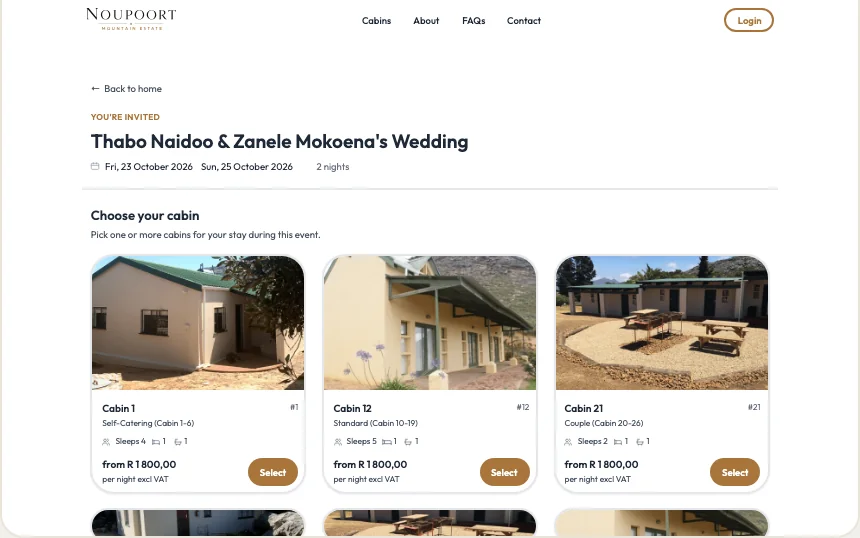 Invite booking page: the wedding name, dates and a grid of cabins with photos and nightly rates