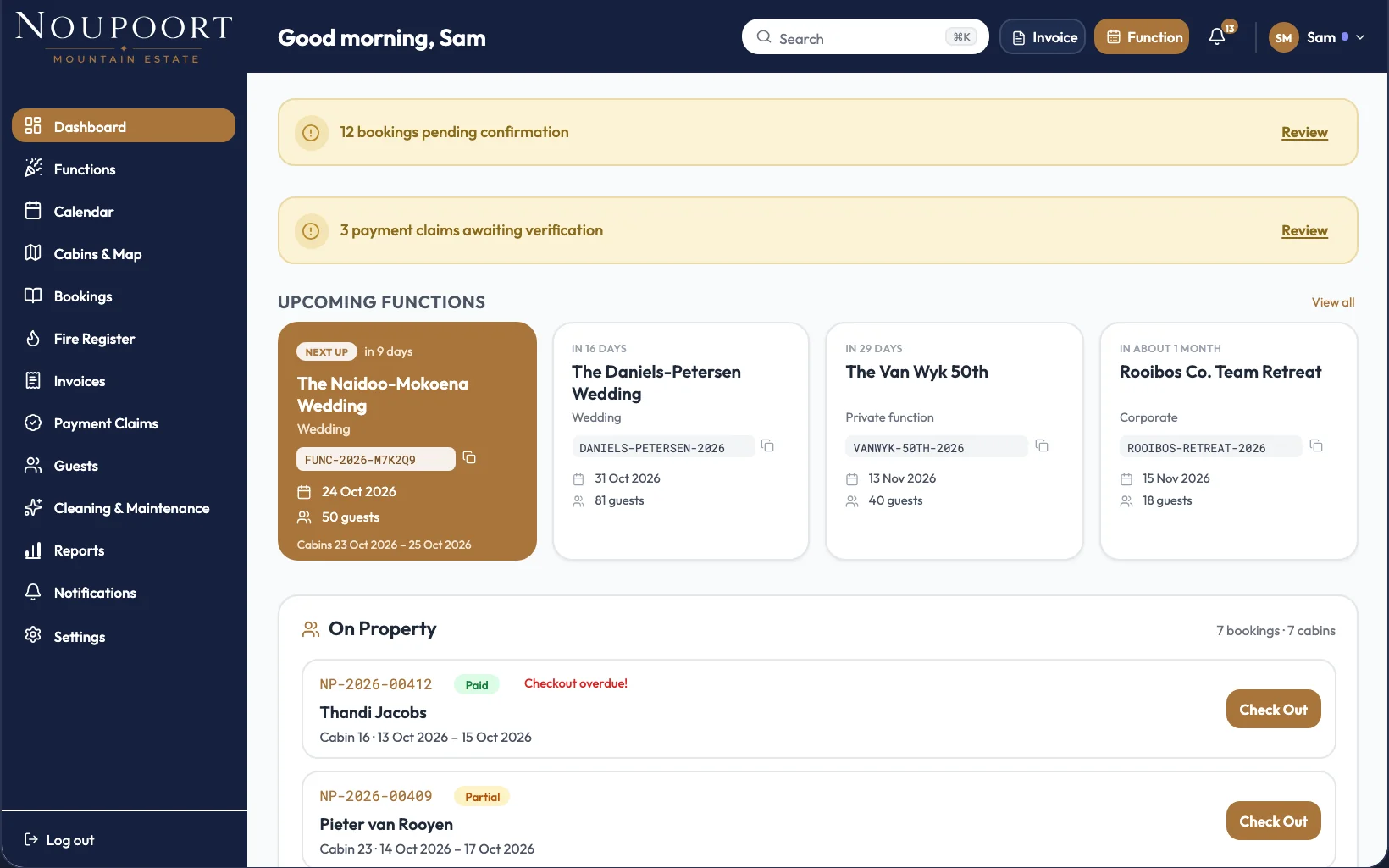 Staff dashboard: pending bookings and payment claims, upcoming functions and guests on the property