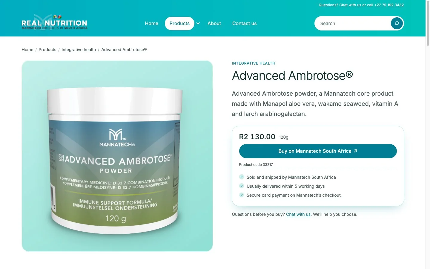 The Advanced Ambrotose product page with its price in rand and a Buy on Mannatech South Africa button