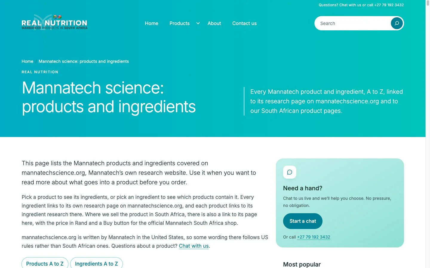 The Mannatech science page: products and ingredients from A to Z, linked to their research pages