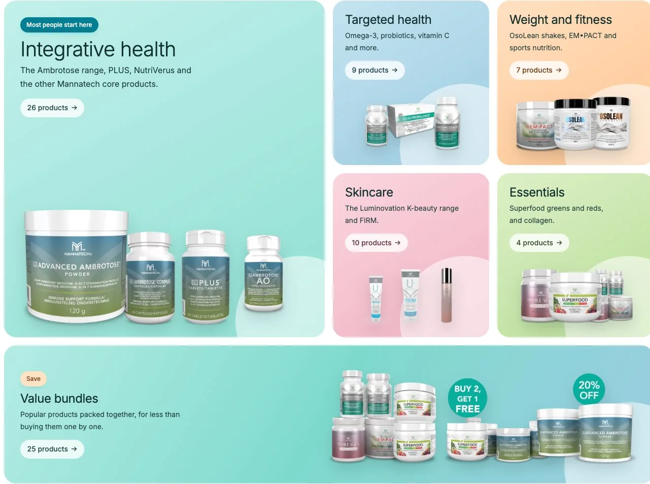 Six product shelves, each with its own tint: Integrative health, Targeted health, Weight and fitness, Skincare, Essentials and Value bundles