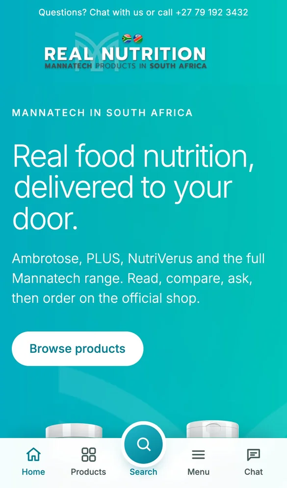 The Real Nutrition home page on a phone