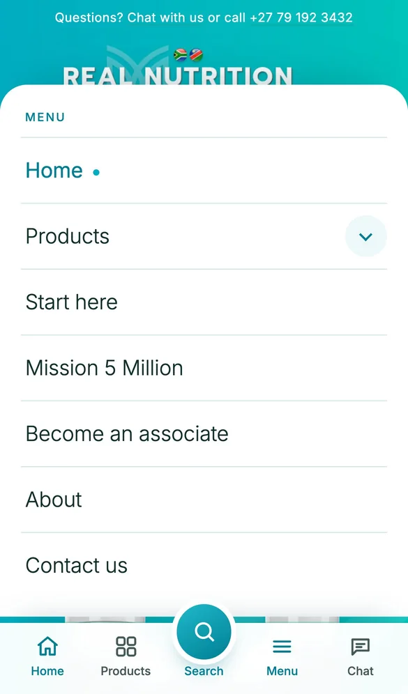 The menu sheet on a phone: Home, Products, Start here, Mission 5 Million, Become an associate, About and Contact us
