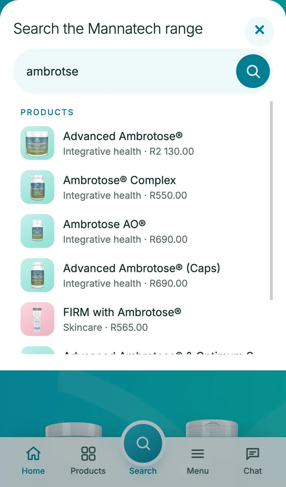 Live search for ambrotose listing matching products with their prices in rand