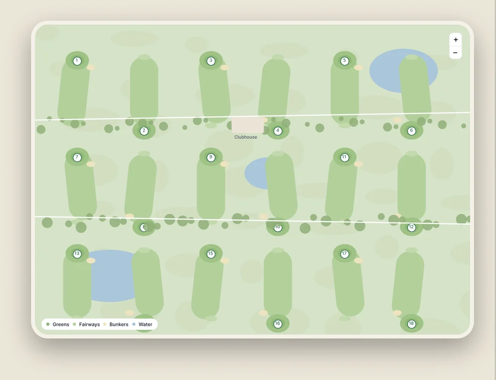 Course geometry: greens, fairways, bunkers and water drawn hole by hole