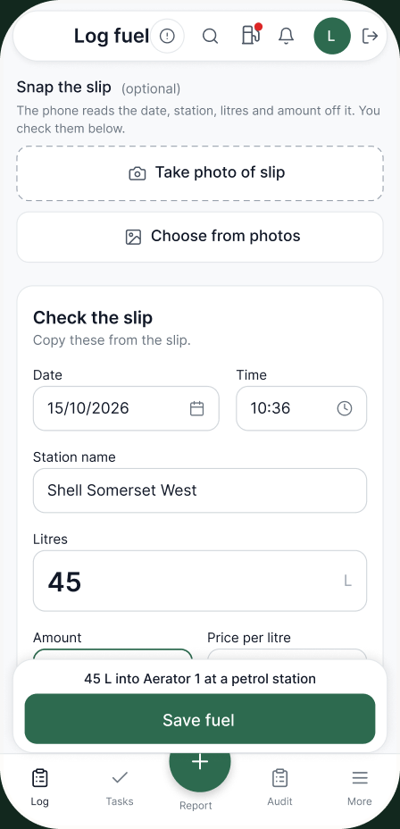 Field app: fuel slip captured by camera, litres and amount filled in