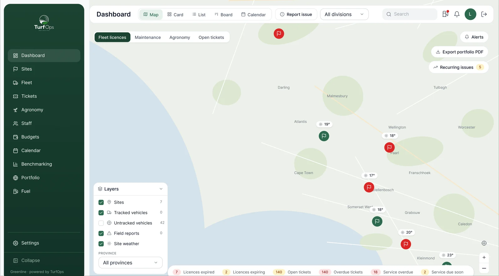 TurfOps dashboard map with sites across the Western Cape and the layers panel