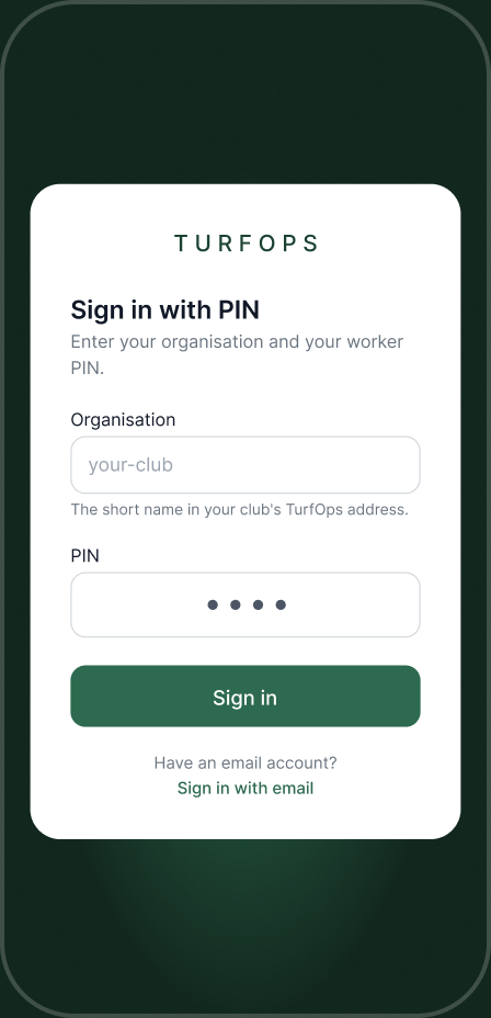 Field app: sign in with a four digit PIN