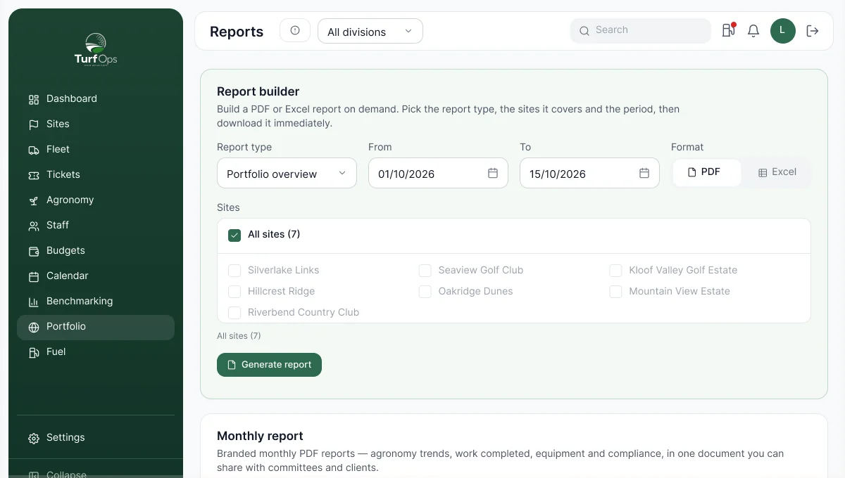 Reports builder: portfolio overview as PDF or Excel
