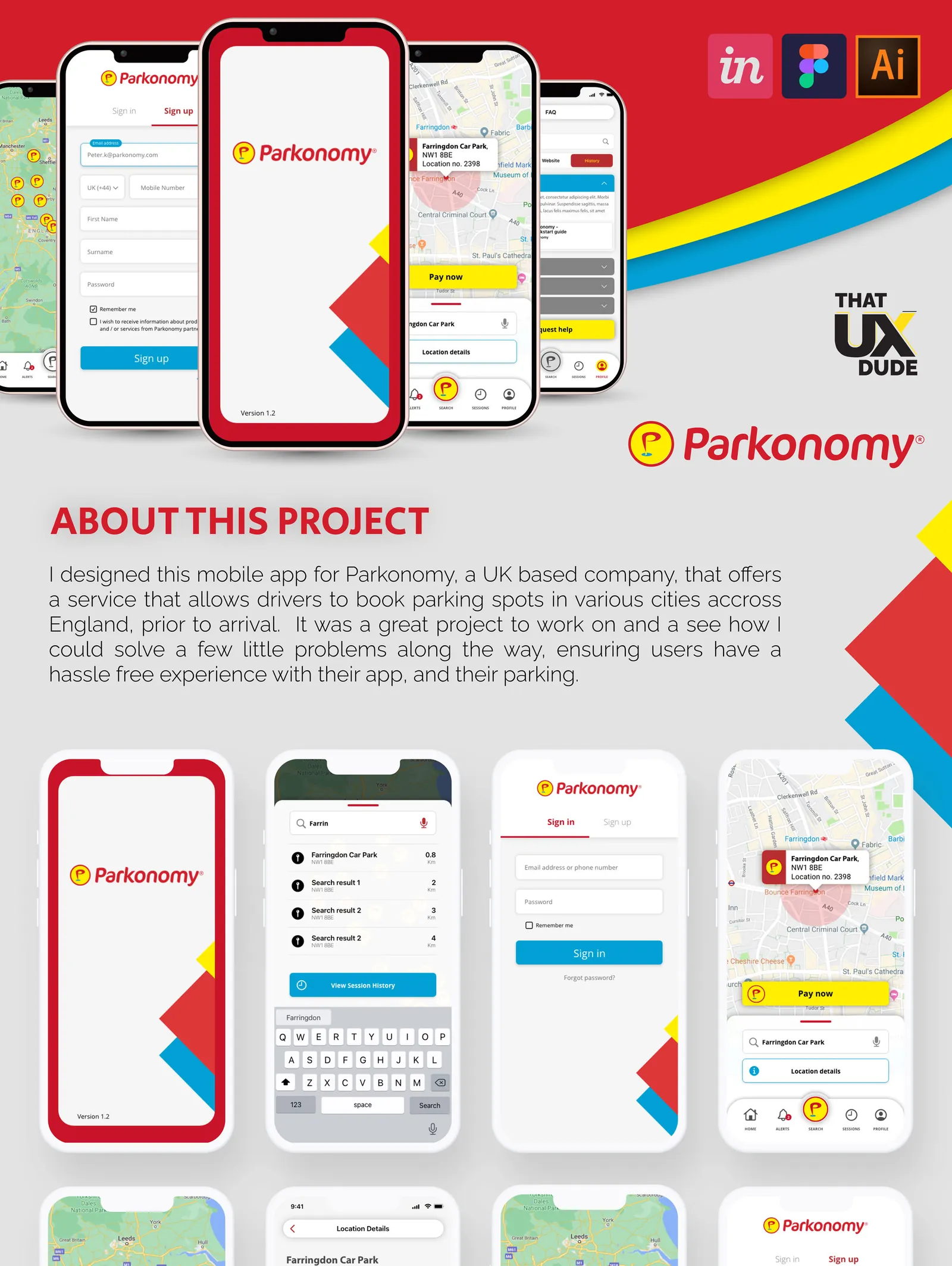Parkonomy parking app screens for splash, sign up, car park search and map, with project background
