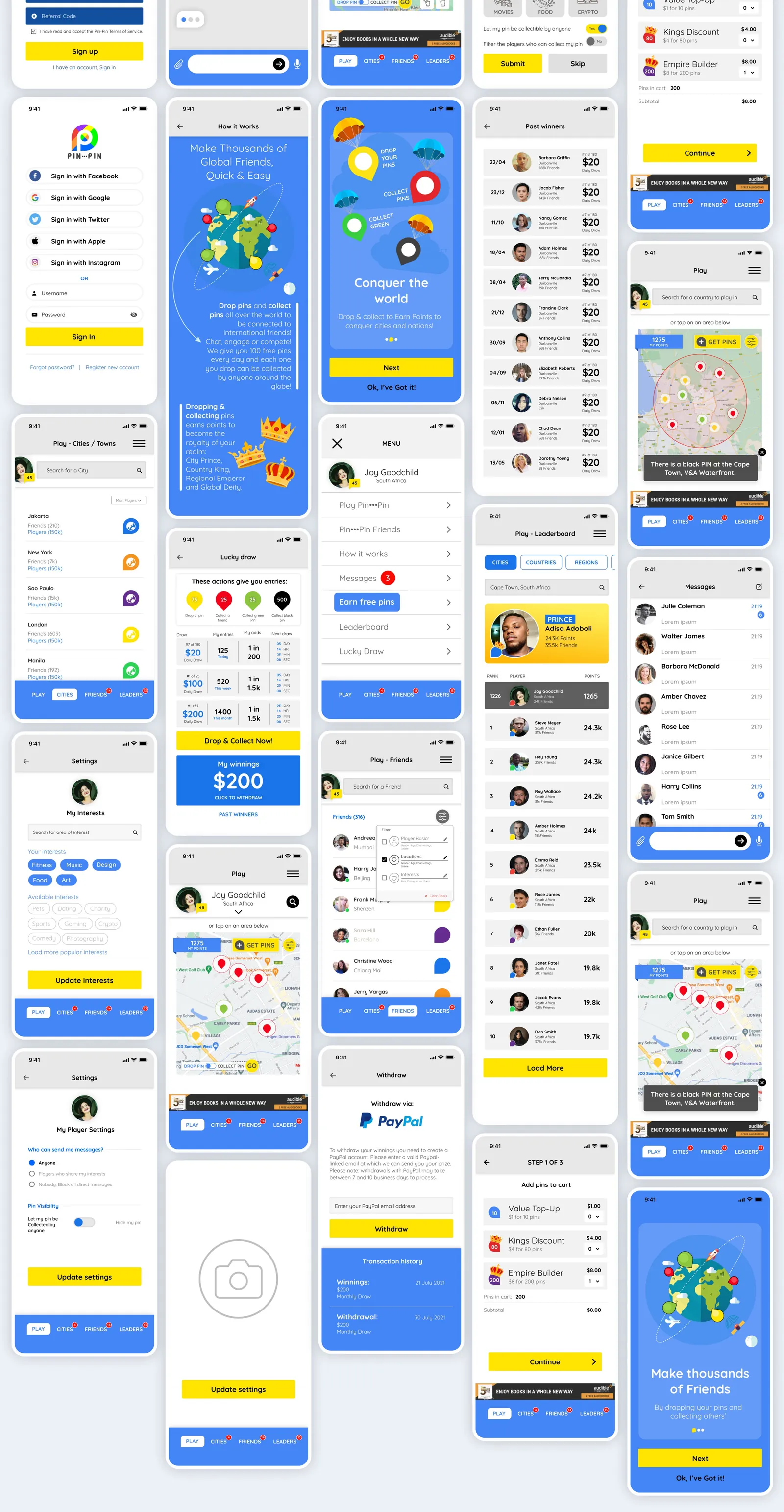 Pin•••Pin screens for social sign in, onboarding, lucky draw, leaderboard, messages, settings and buying pins