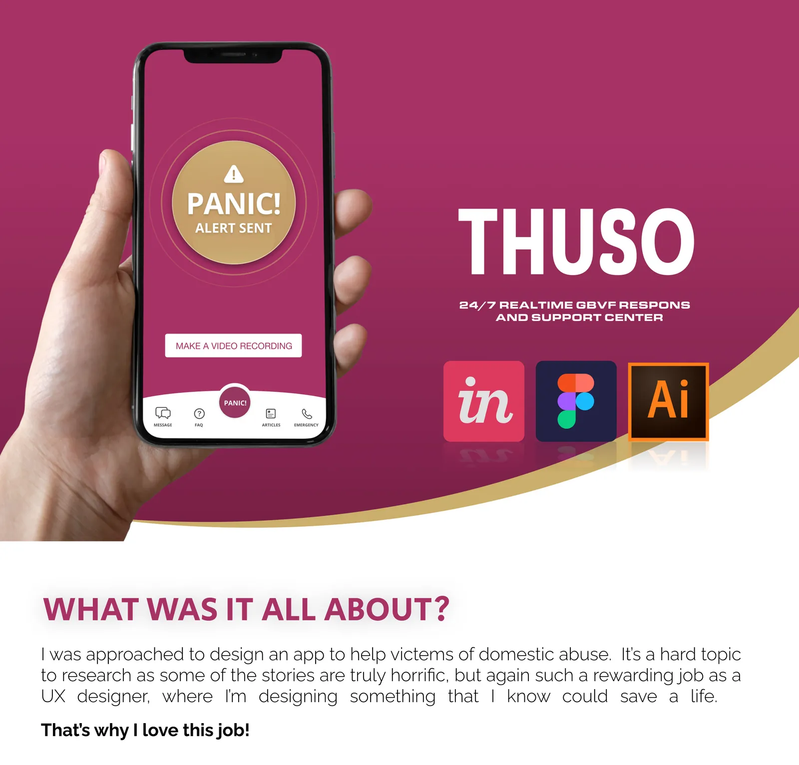 Thuso safety app on a phone showing the panic alert sent screen with an option to record video
