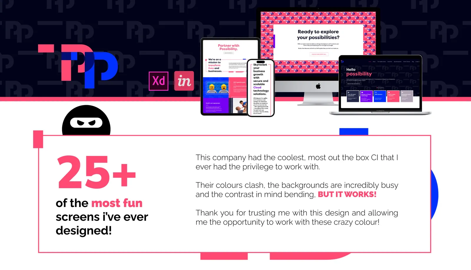 The Possibility Partnership website shown on desktop, laptop, tablet and phone with bold pink and blue branding