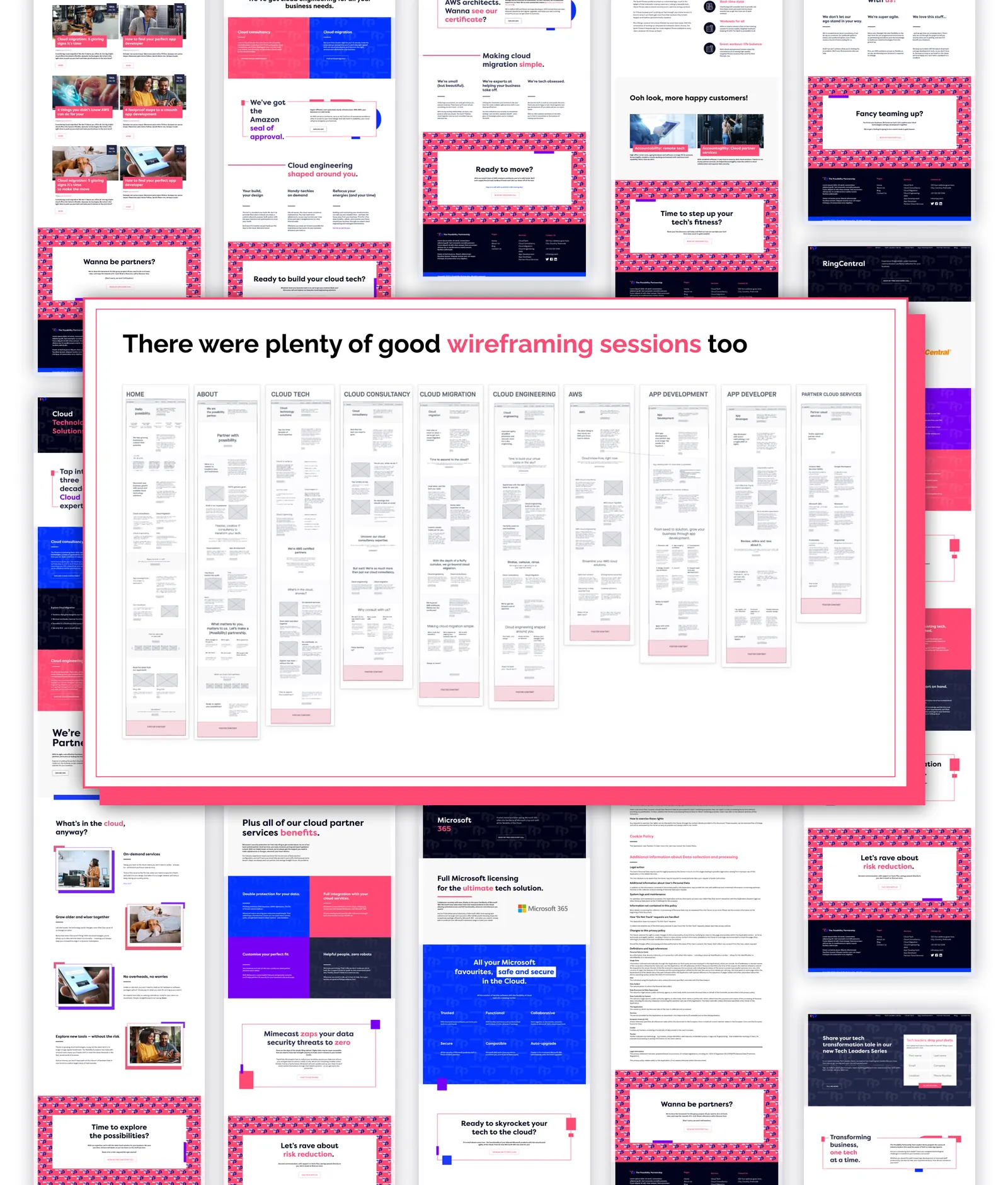 TPP wireframes for home, about and service pages laid over the final high-fidelity website designs