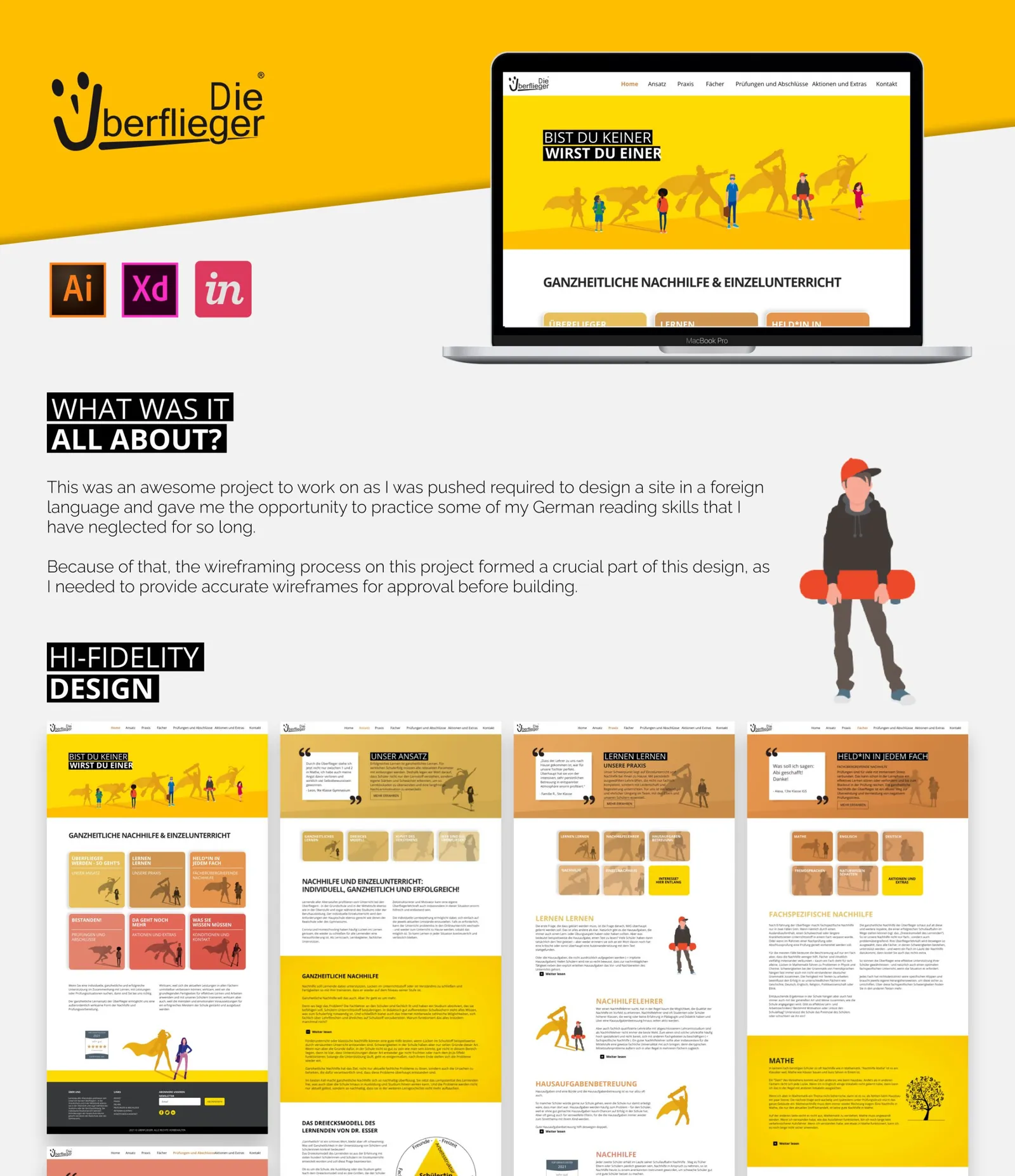 Die Uberflieger tutoring website home page on a laptop and high-fidelity designs for the approach and subject pages