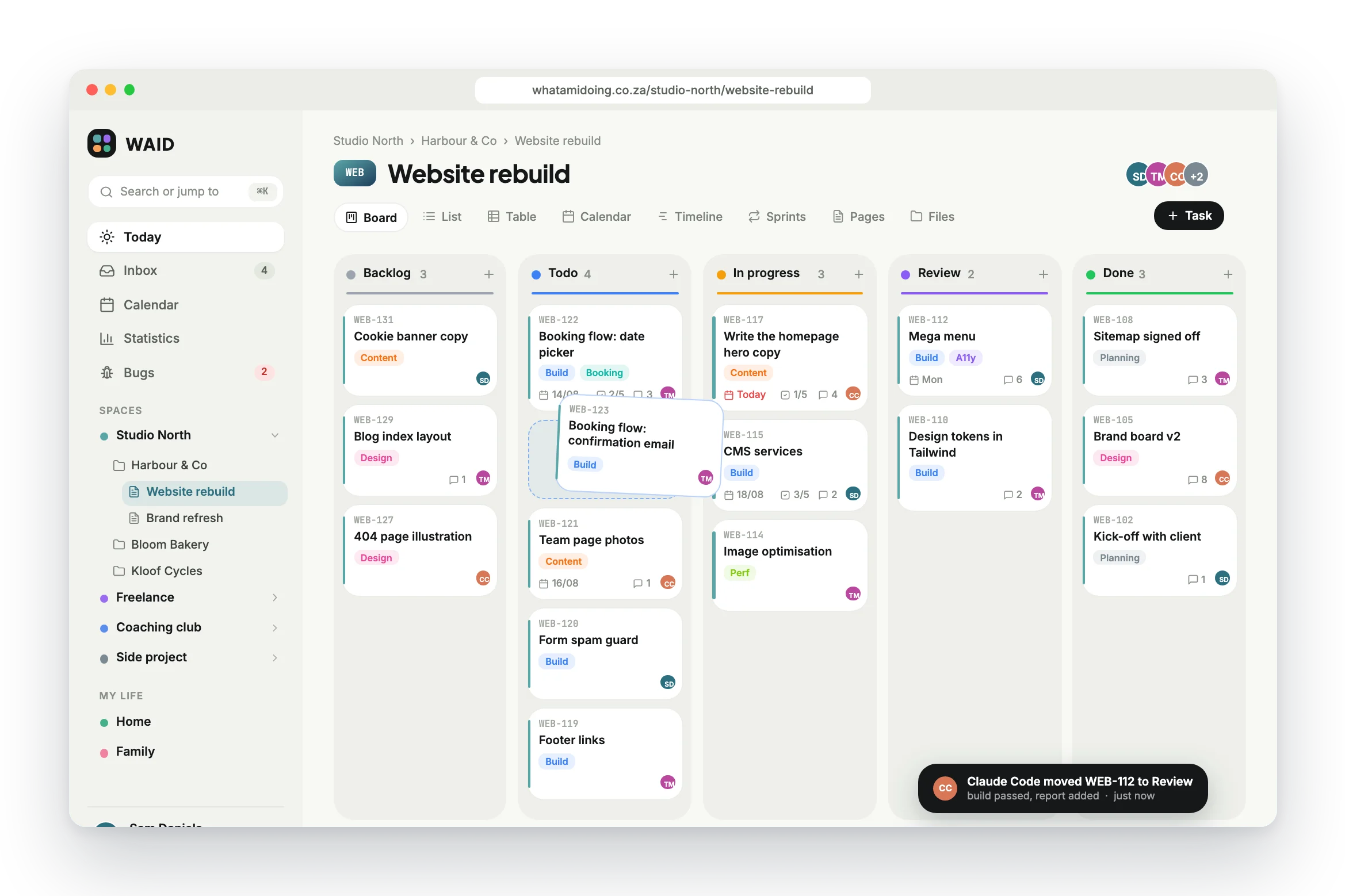 A WAID project board with Backlog, Todo, In progress, Review and Done columns