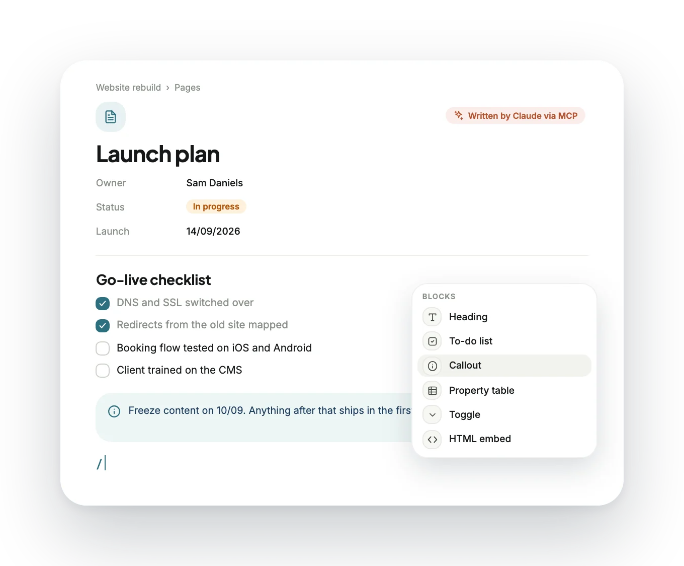 A WAID page, the launch plan, with a go-live checklist and the block picker