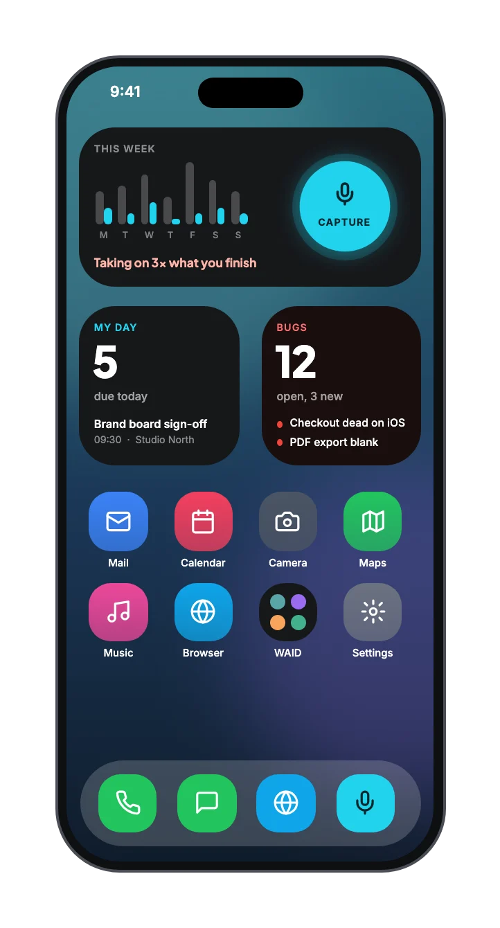iPhone home screen with WAID widgets